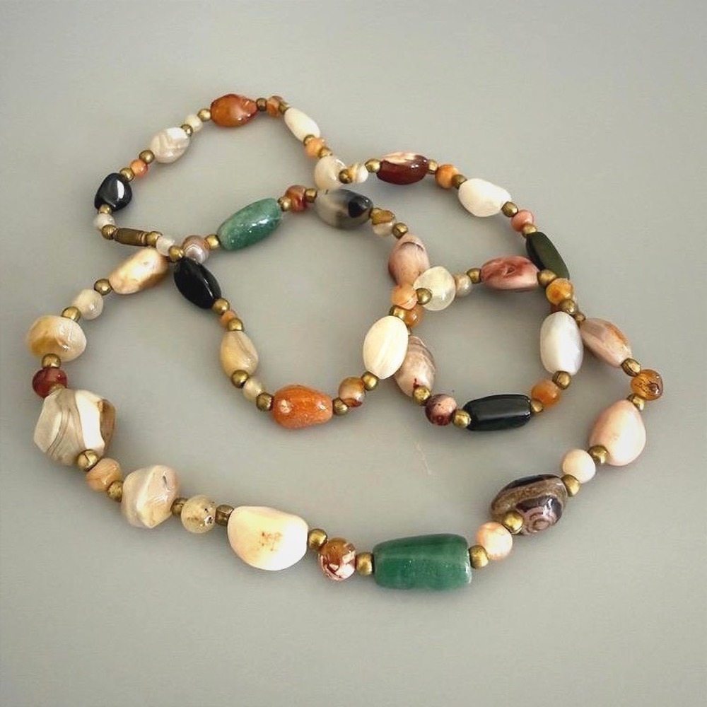Vintage Polished Stone Beggars Bead Necklace 34" Long Opera Colorful Heavy
